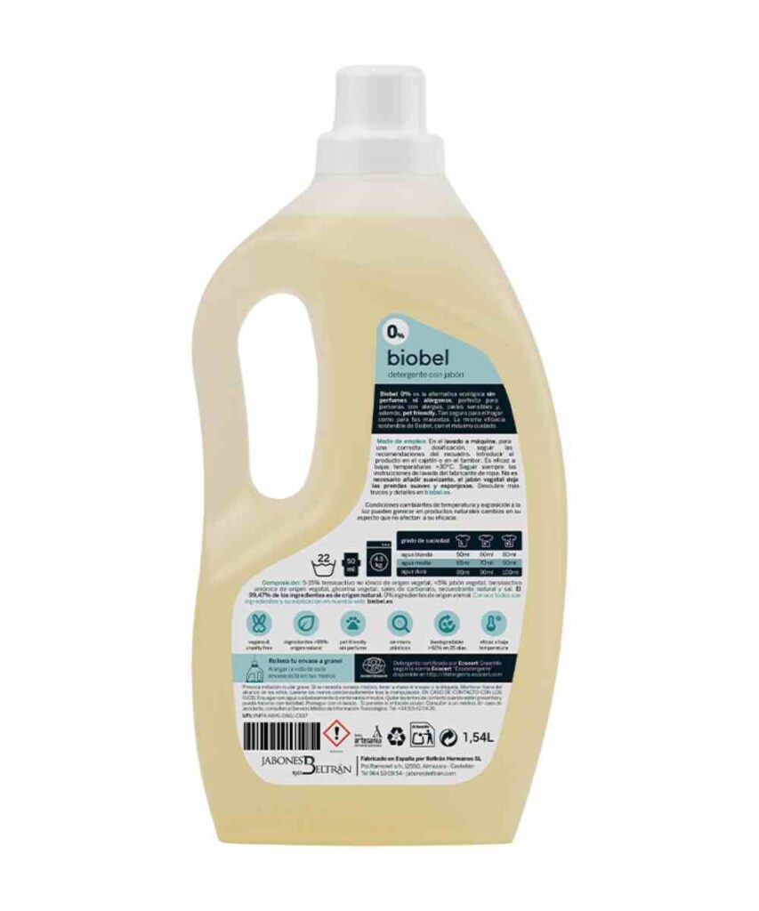 Detergente liquido para ropa 0% sin perfumes Biobel