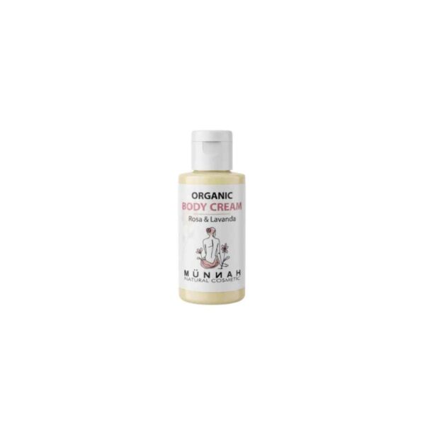 Mini crema corporal rosa y lavanda piel sensible ecológica Munnah formato viaje