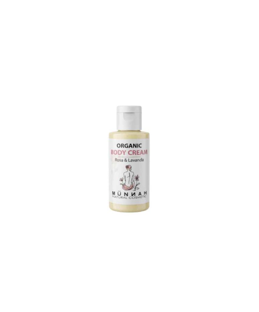 Mini crema corporal rosa y lavanda piel sensible ecológica Munnah formato viaje